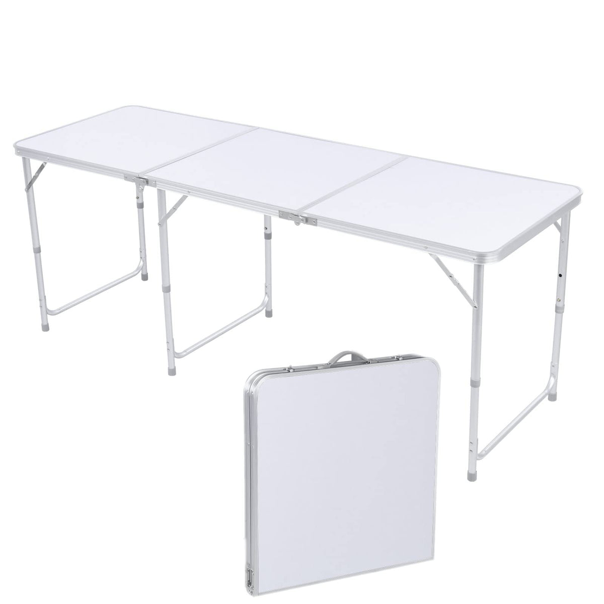 Aluminum Folding Table 6 FT, Adjustable Height Picnic Table with Carry Handle, Lightweight Foldable Camping Desk for Picnic, BBQ, Party, Patio, Beach, Indoor & Outdoor Use, White V7226