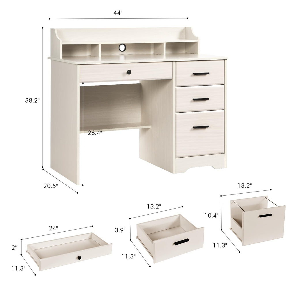 Warm White Wood Computer Desk with Drawers and Hutch C7582