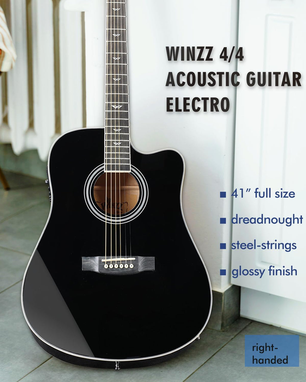 Glossy Black 4/4 Full Size 6 Steel-String Acoustic-Electric Guitar Z807