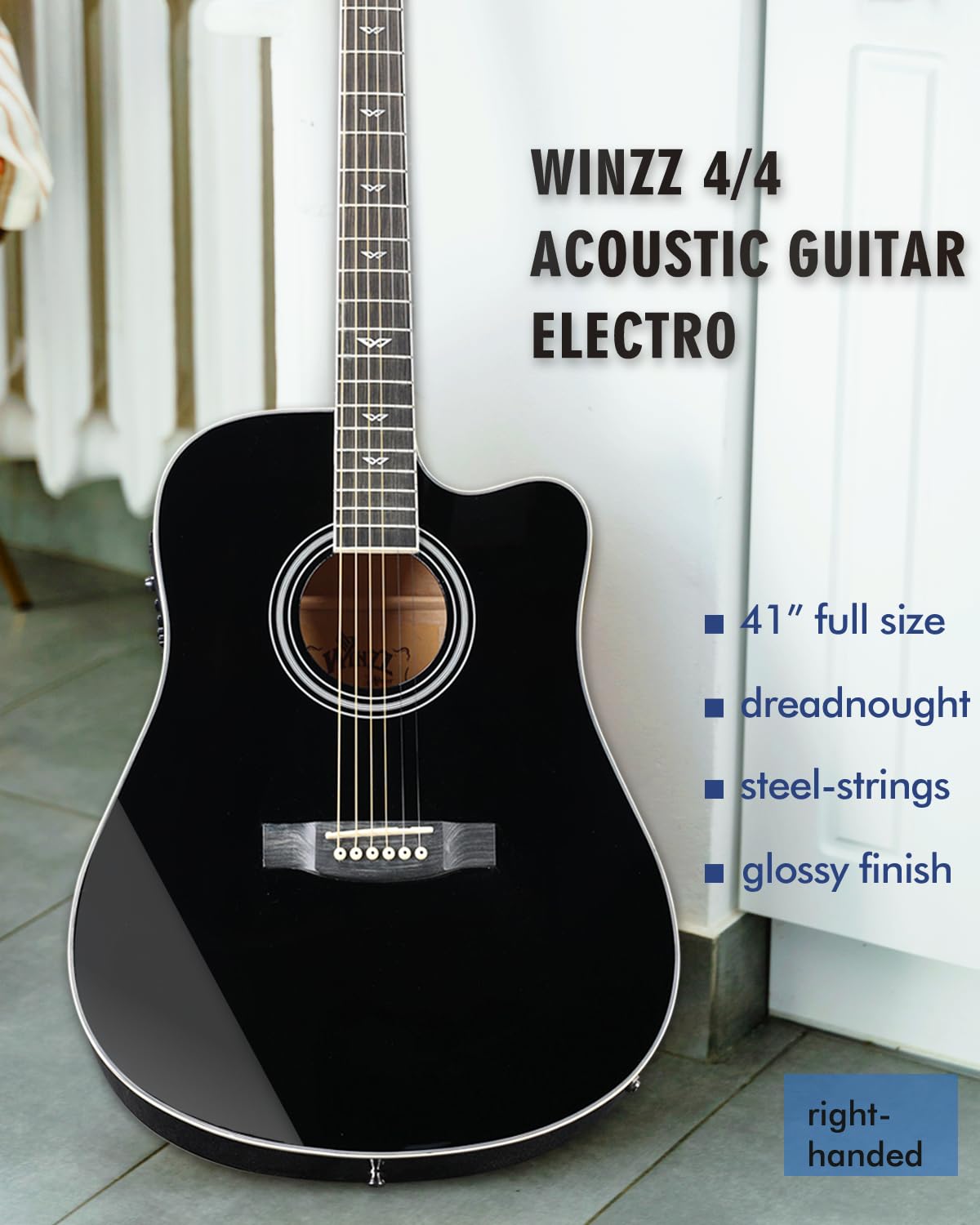 Glossy Black 4/4 Full Size 6 Steel-String Acoustic-Electric Guitar Z807