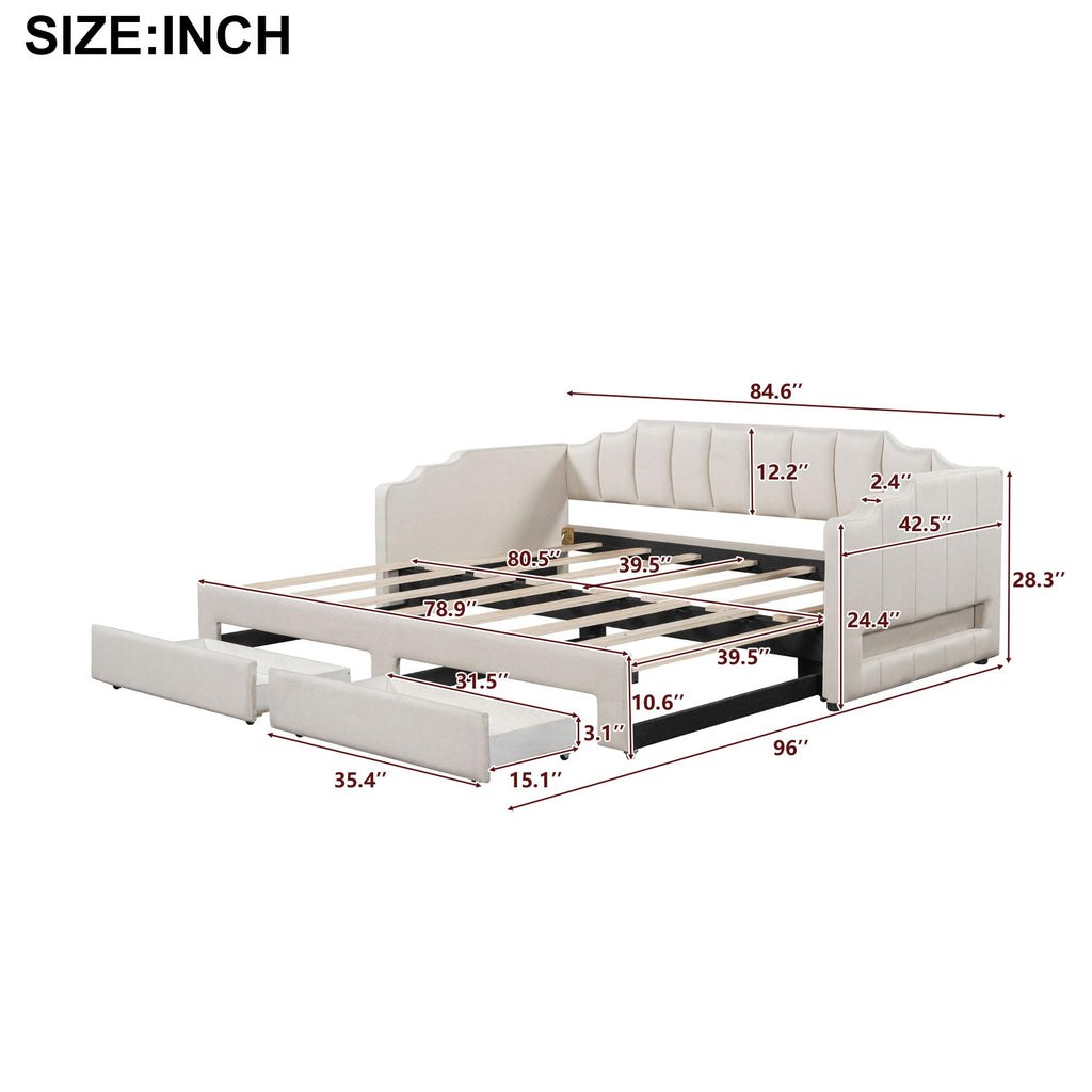 Twin XL to King Extendable Upholstered Daybed Frame with 2 Storage Drawers Y43329