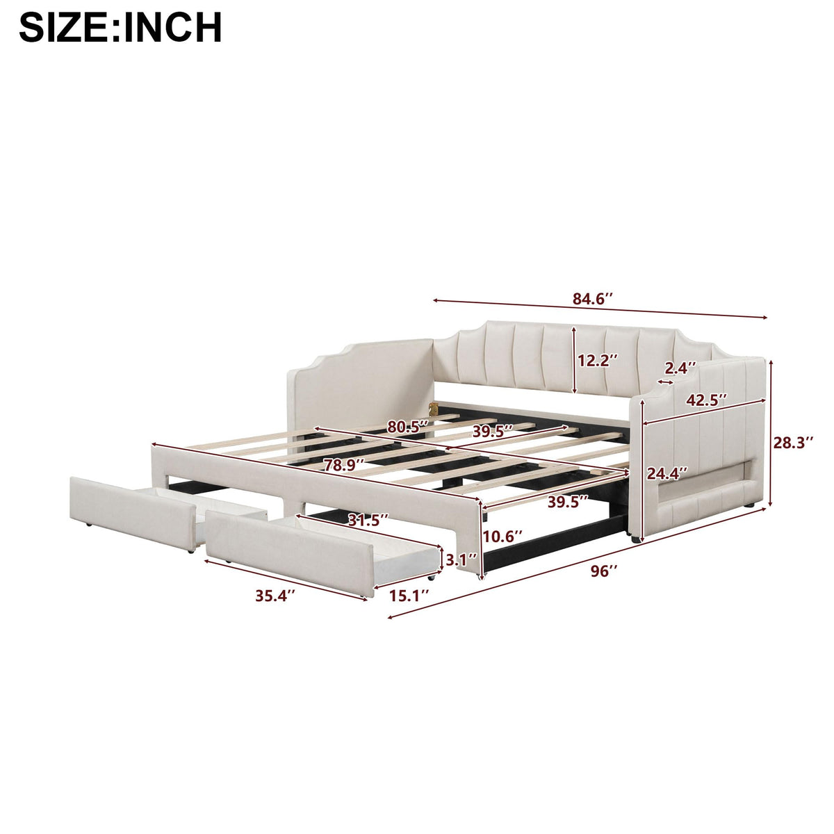 Twin XL to King Extendable Upholstered Daybed Frame with 2 Storage Drawers Y43329