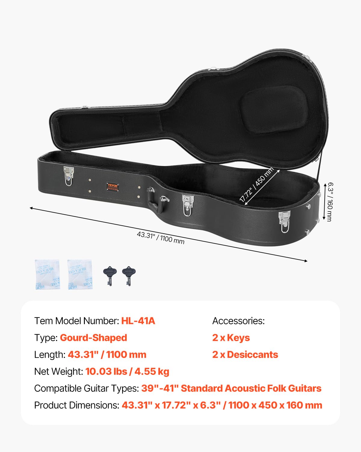 Black 43.31 in Gourd-Shaped Acoustic Guitar Hard Case V730