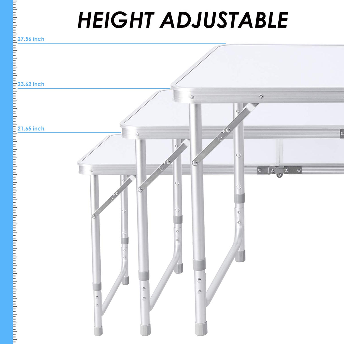 Aluminum Folding Table 6 FT, Adjustable Height Picnic Table with Carry Handle, Lightweight Foldable Camping Desk for Picnic, BBQ, Party, Patio, Beach, Indoor & Outdoor Use, White V7226