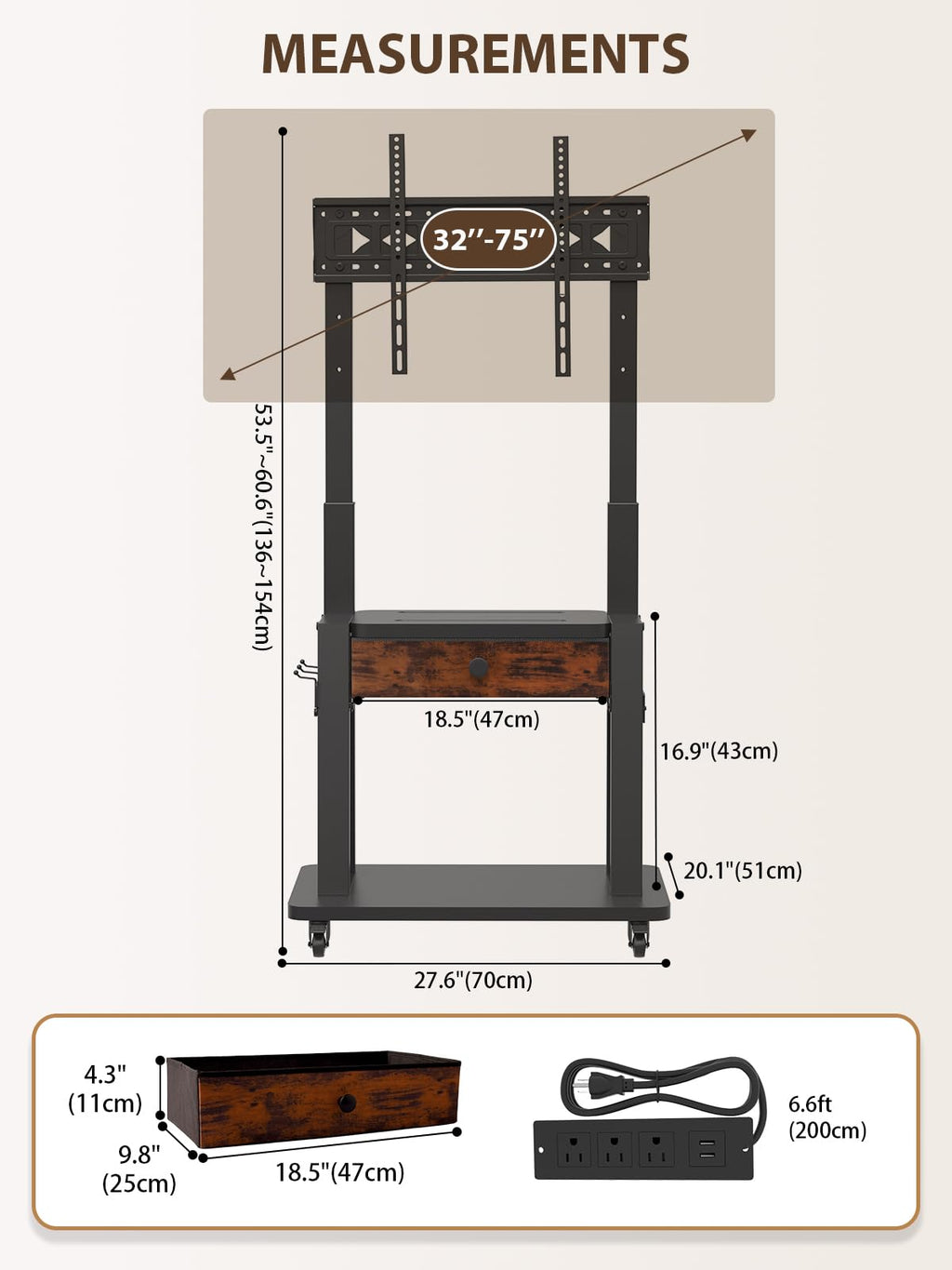 Black Rolling TV Stand with Power Outlet for 32-75 Inch Screens S407427