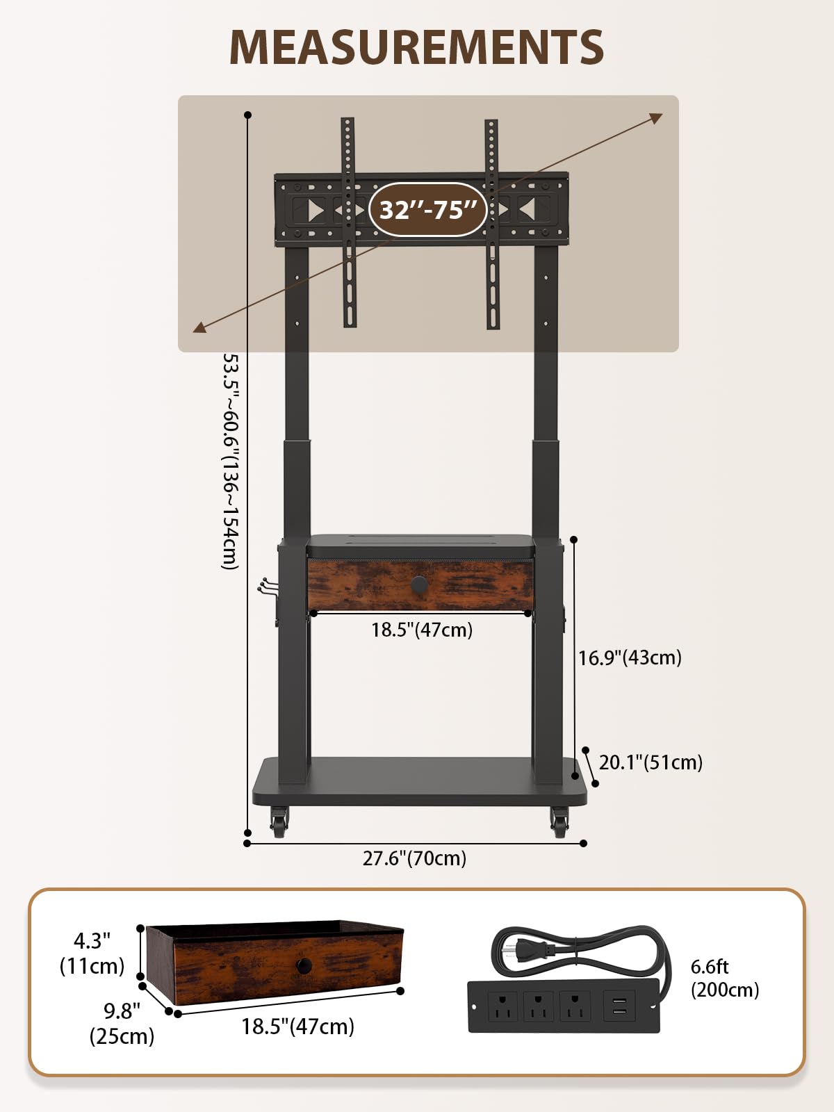 Black Rolling TV Stand with Power Outlet for 32-75 Inch Screens S407427