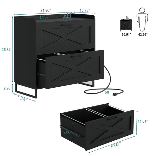 2 Drawer Black File Cabinet with Charging Station I108737