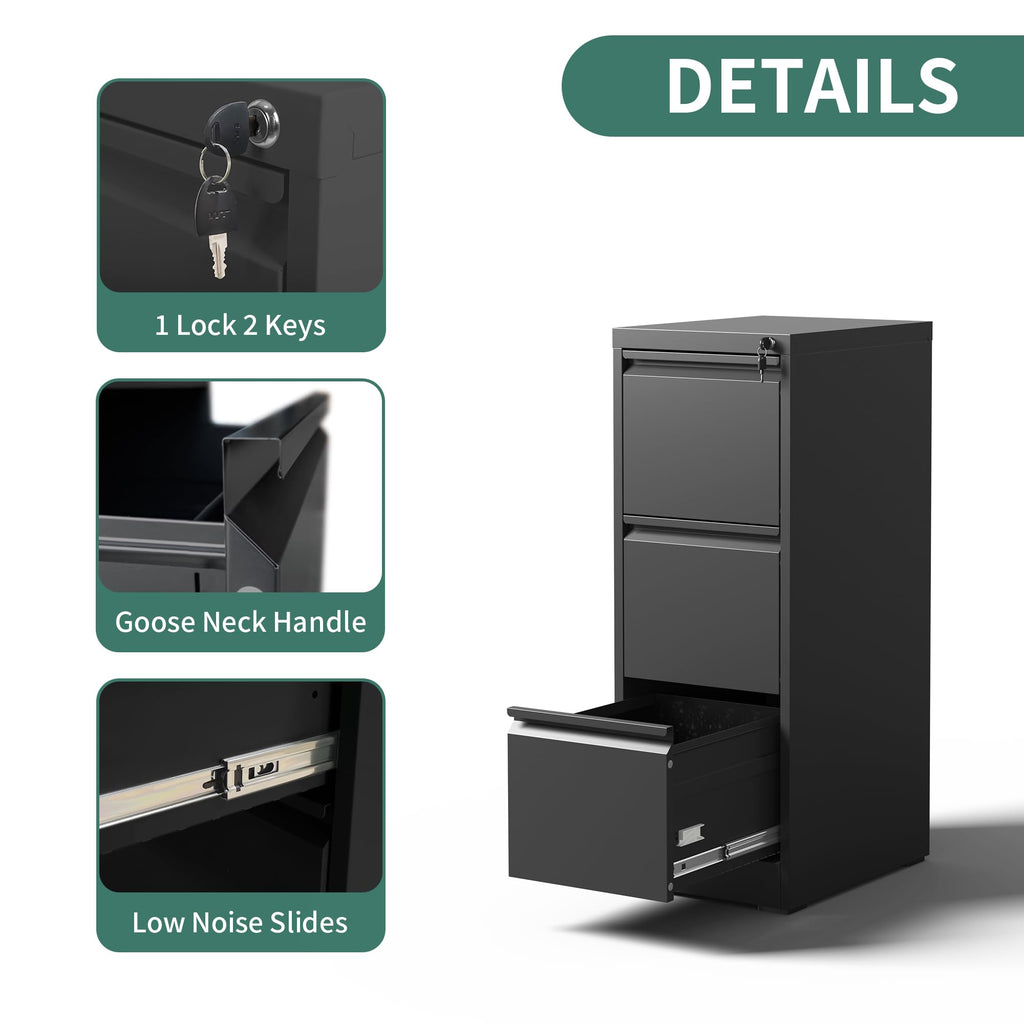 Black 3 Drawer Metal File Cabinet Q349