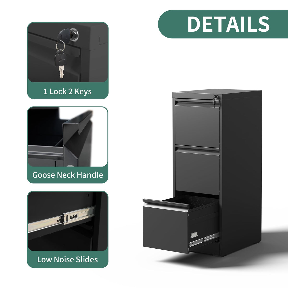 Black 3 Drawer Metal File Cabinet Q349