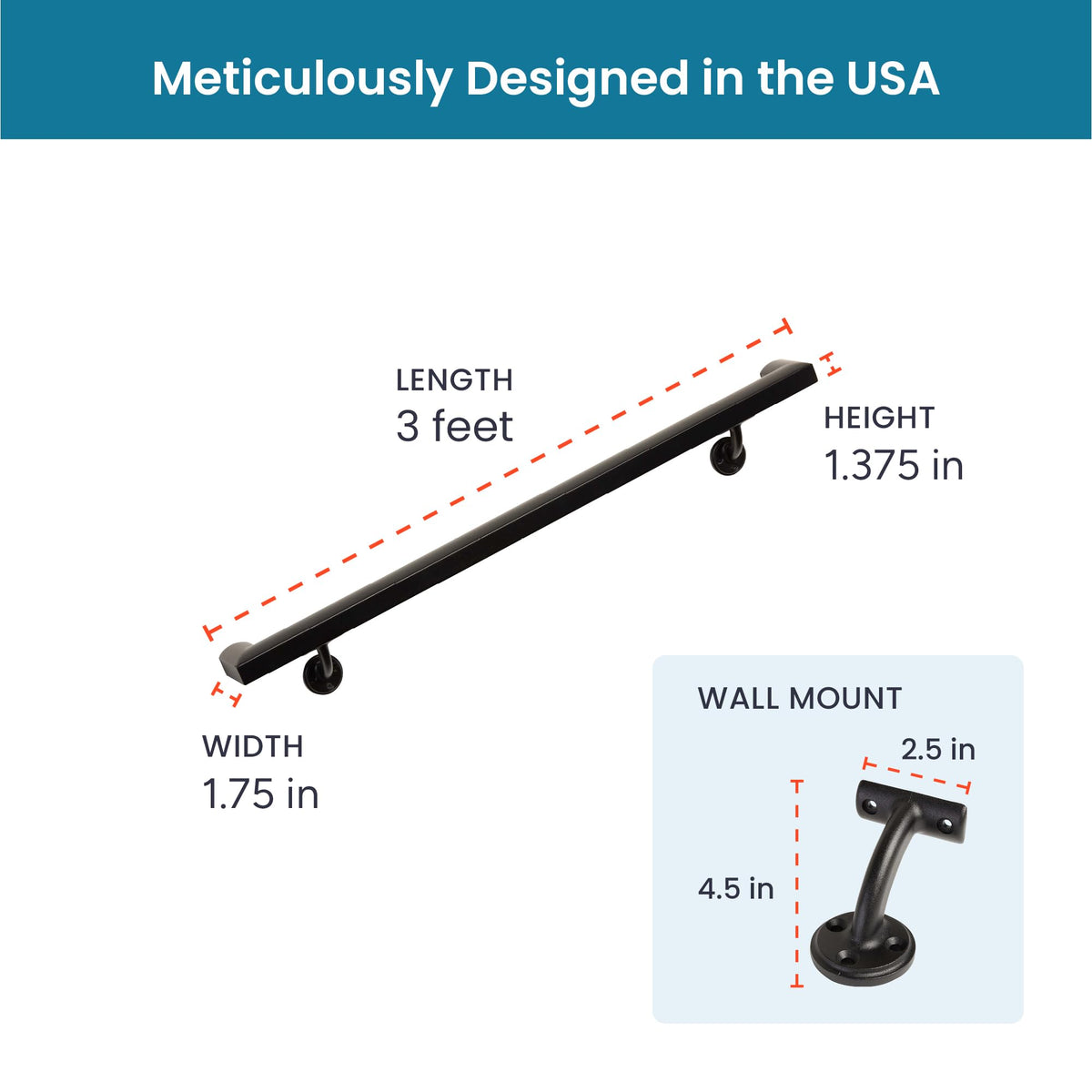 Aluminum Handrail Kit with Wall Mount Brackets, Black Textured, 3' Length R664295