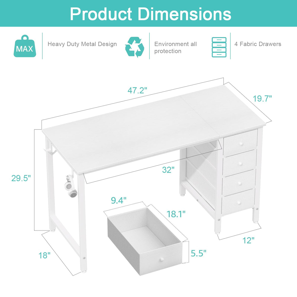 White 47 Inch Computer Desk with Drawers Q8278