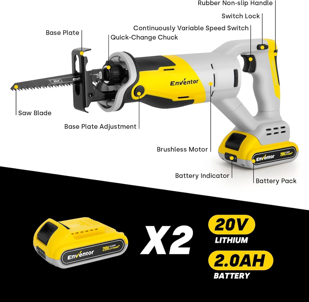 Reciprocating Saw with Brushless Motor, 20V, 2 x 2.0 Ah Batteries F9789