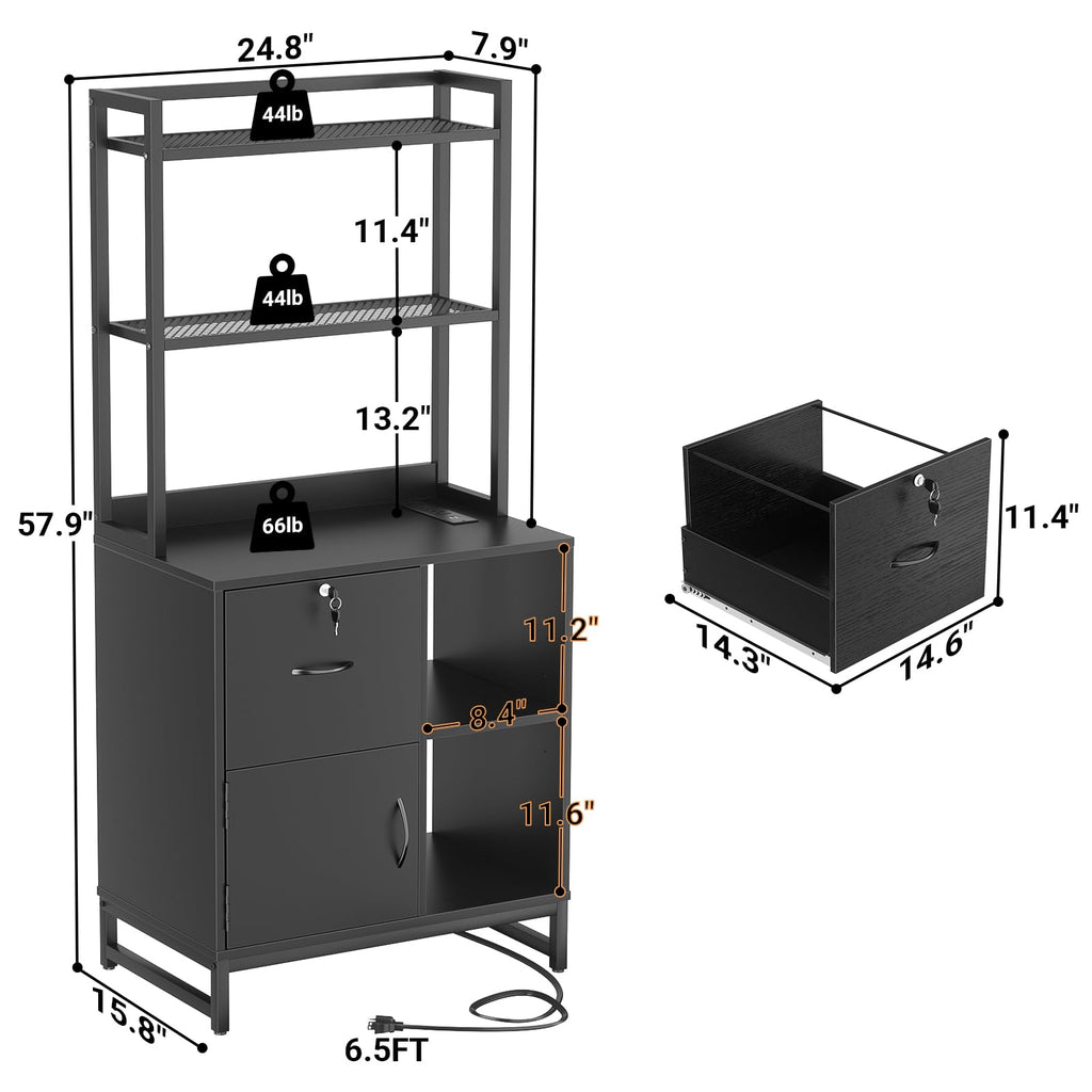 Black Vertical Filing Cabinet with Bookshelf J225