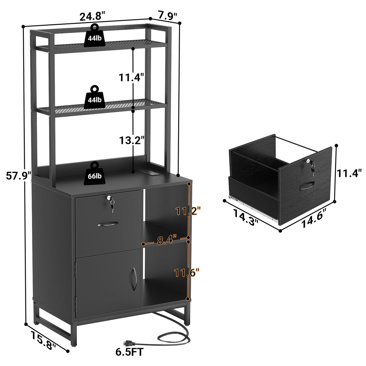 Black Vertical Filing Cabinet with Bookshelf J225