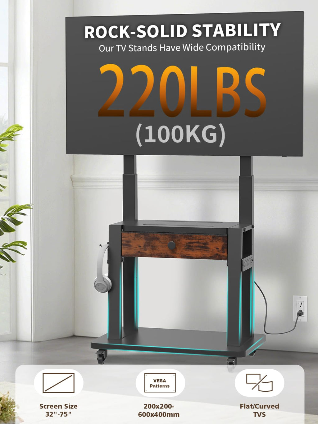 Black Rolling TV Stand with Power Outlet for 32-75 Inch Screens S407427
