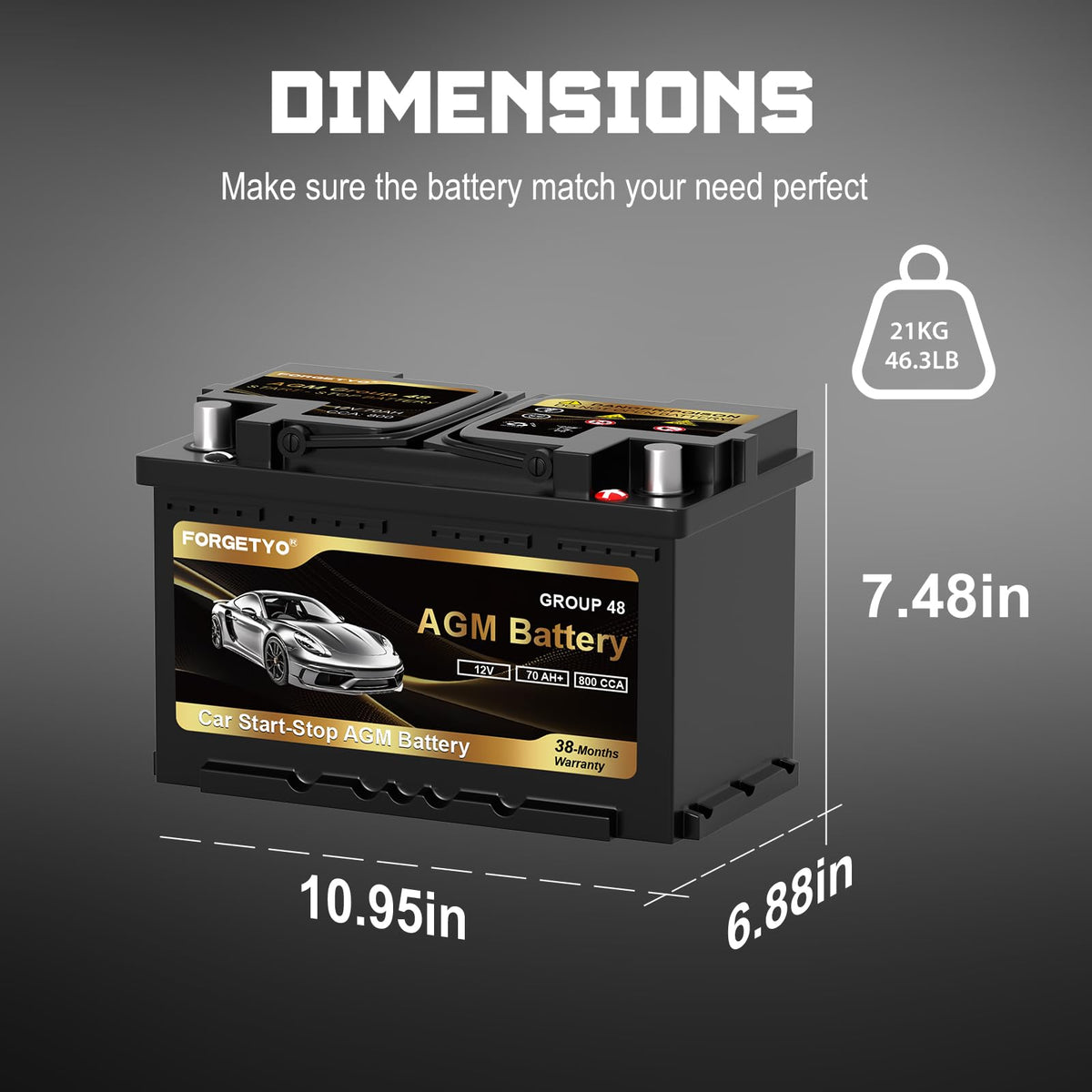 Group Size 48 AGM Car Battery, 12V 70 AH, 800 CCA B353275
