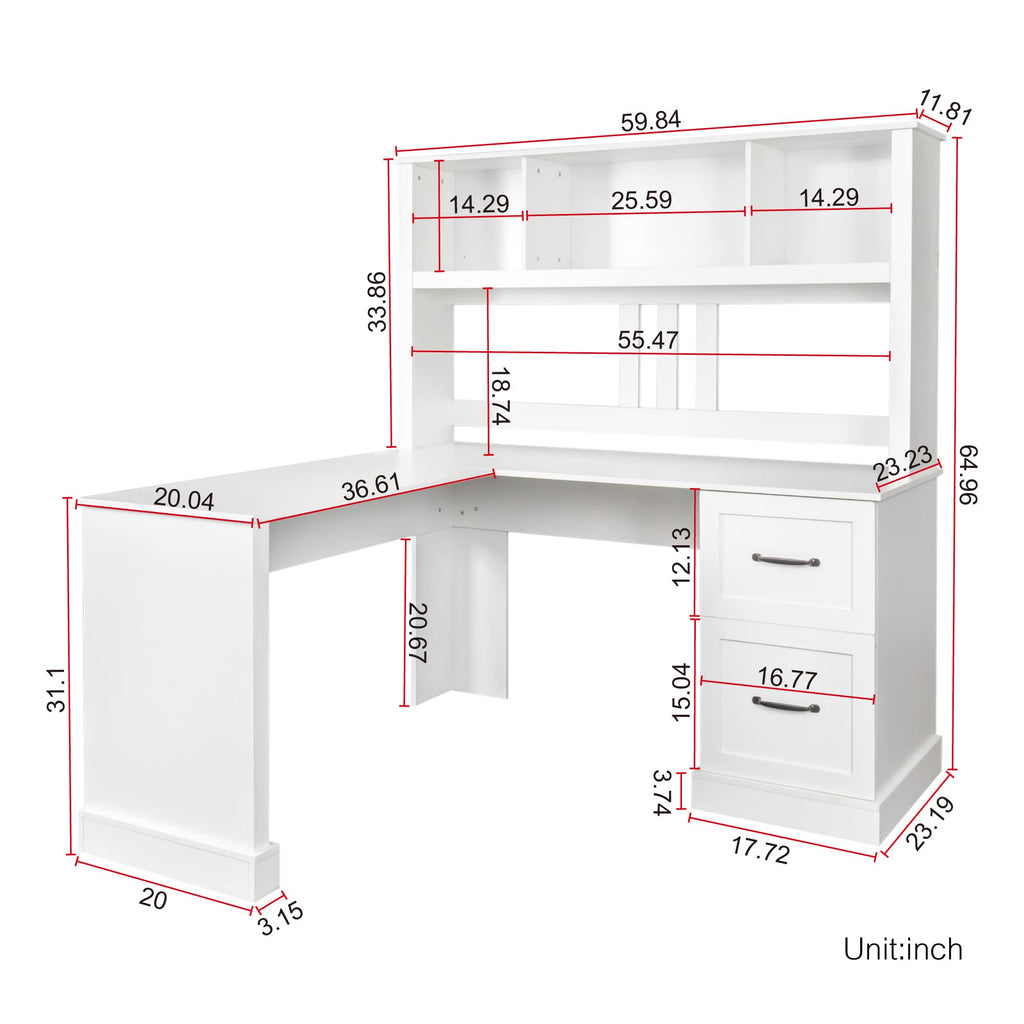 L Shaped Desk with Hutch, Drawer & Shelves, White G992