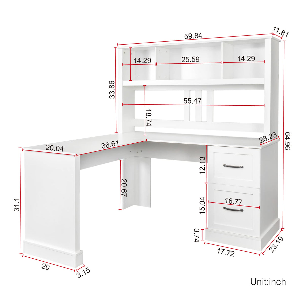 L Shaped Desk with Hutch, Drawer & Shelves, White G992