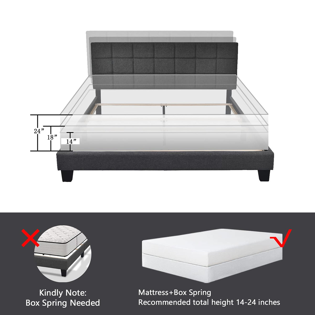 Queen Size Panel Bed Frame Dark Grey O881624