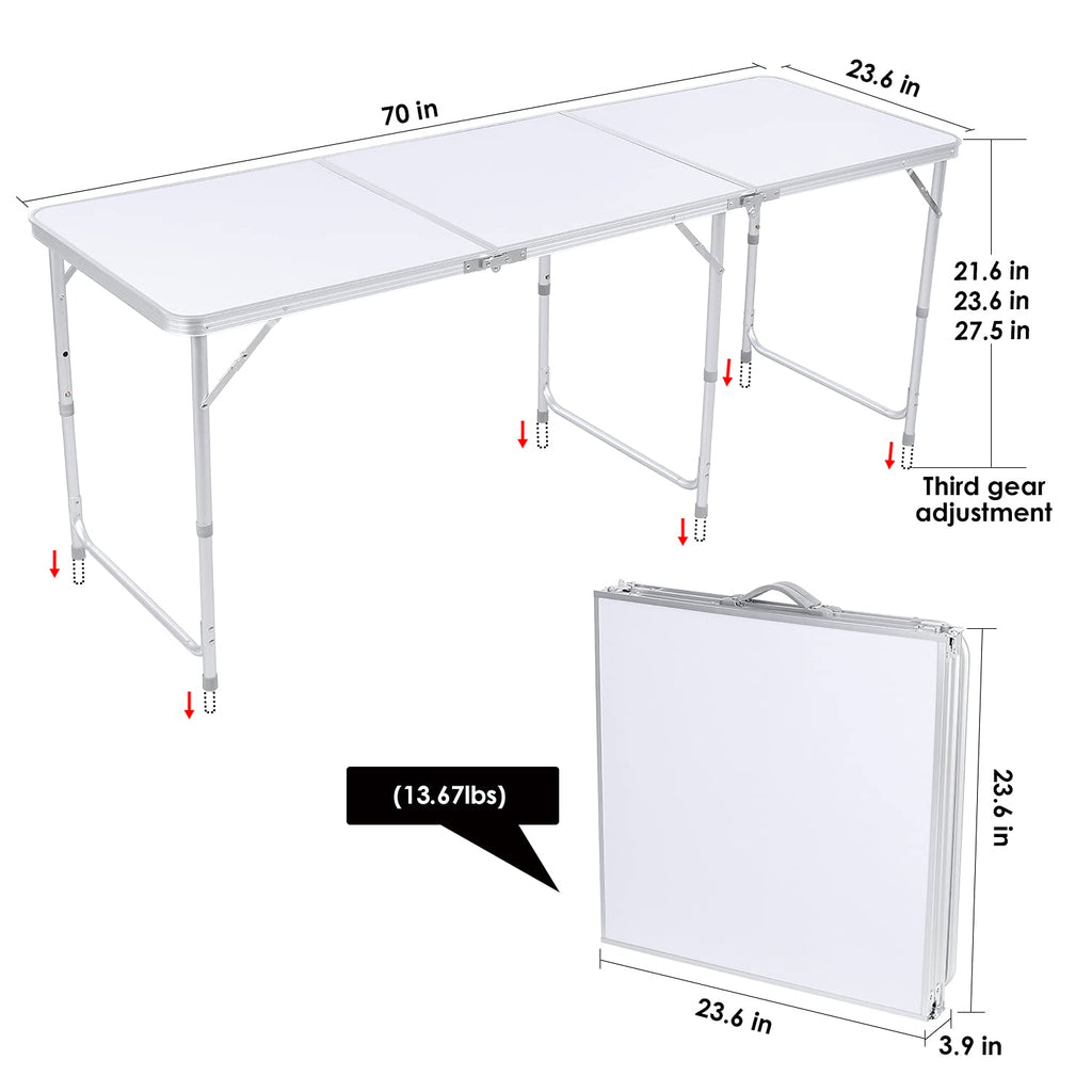 Aluminum Folding Table 6 FT, Adjustable Height Picnic Table with Carry Handle, Lightweight Foldable Camping Desk for Picnic, BBQ, Party, Patio, Beach, Indoor & Outdoor Use, White V7226