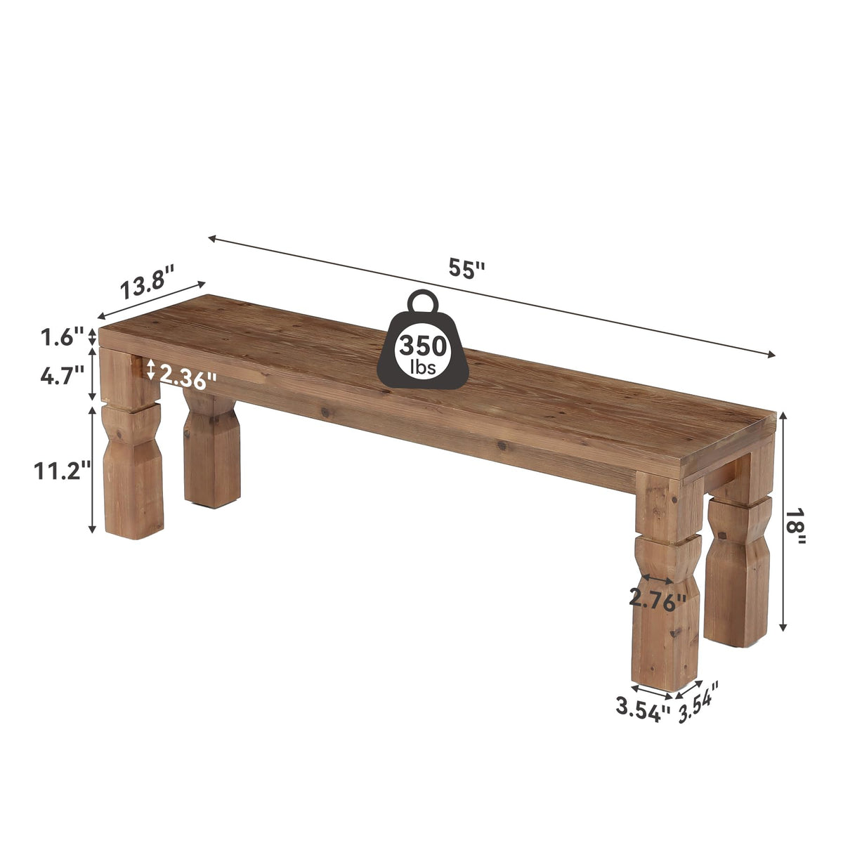 Solid Wood Bench 55-Inch Long Rustic Brown H576