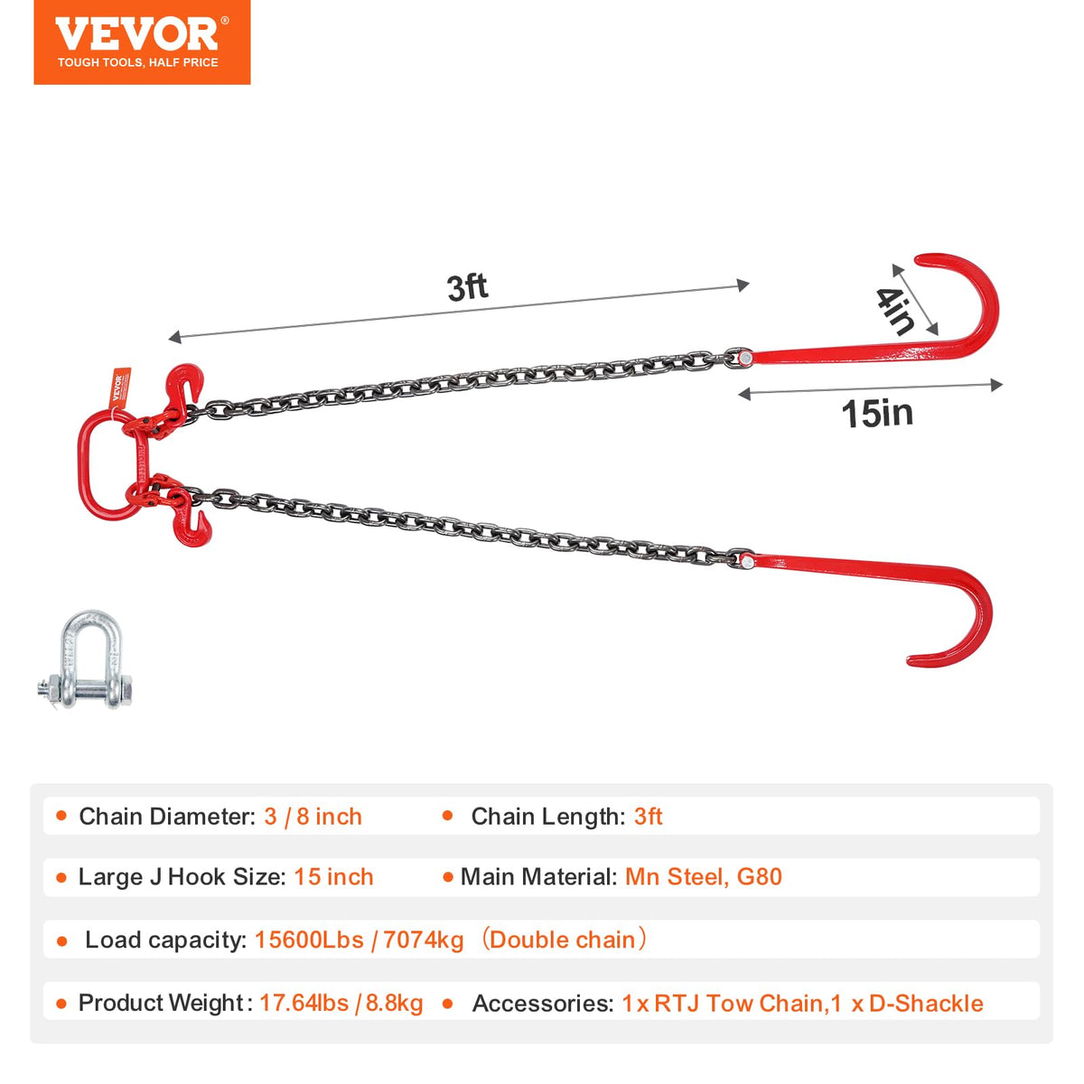3/8" x 3' G80 V Bridle Towing Chain with J Hooks and Grab Hooks T4407