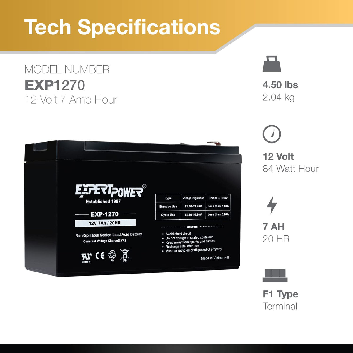 12V 7Ah Rechargeable SLA Battery with F1 Terminals U871475