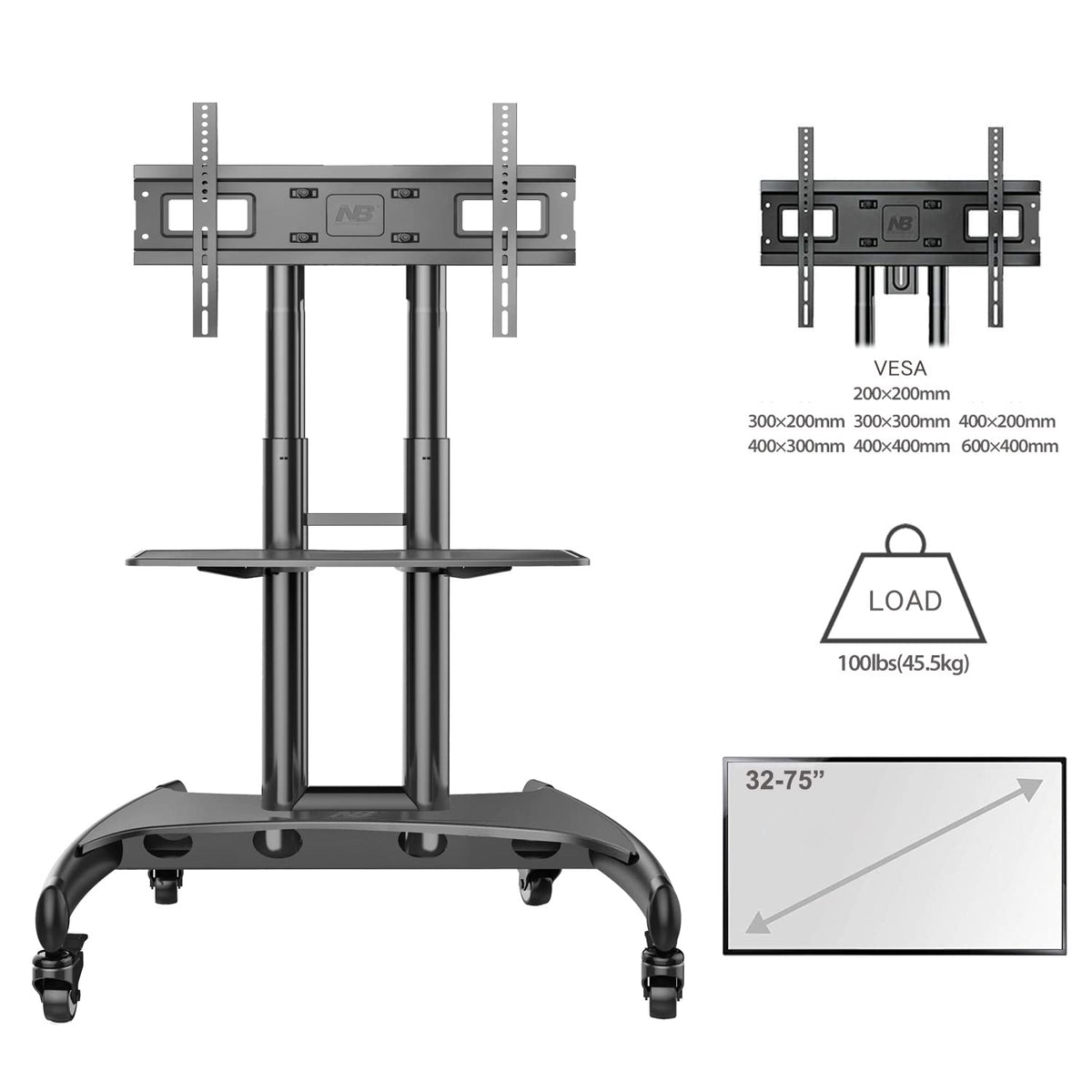 Rolling TV Stand with Wheels for 32 to 75 Inch Flat Panel Screens Q891385