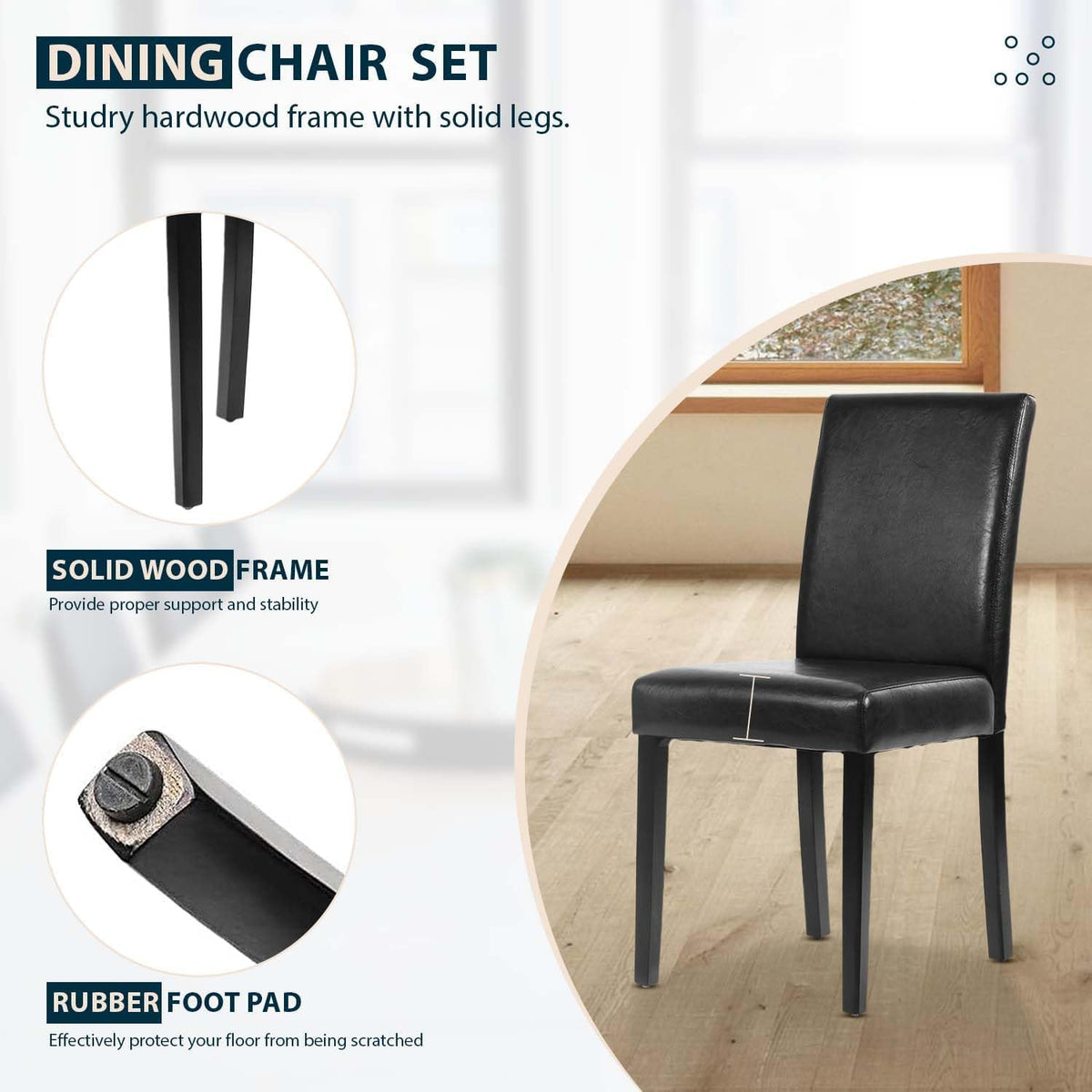 Black Set of 4 PU Leather Upholstered Dining Chairs with Solid Wood Legs O114555