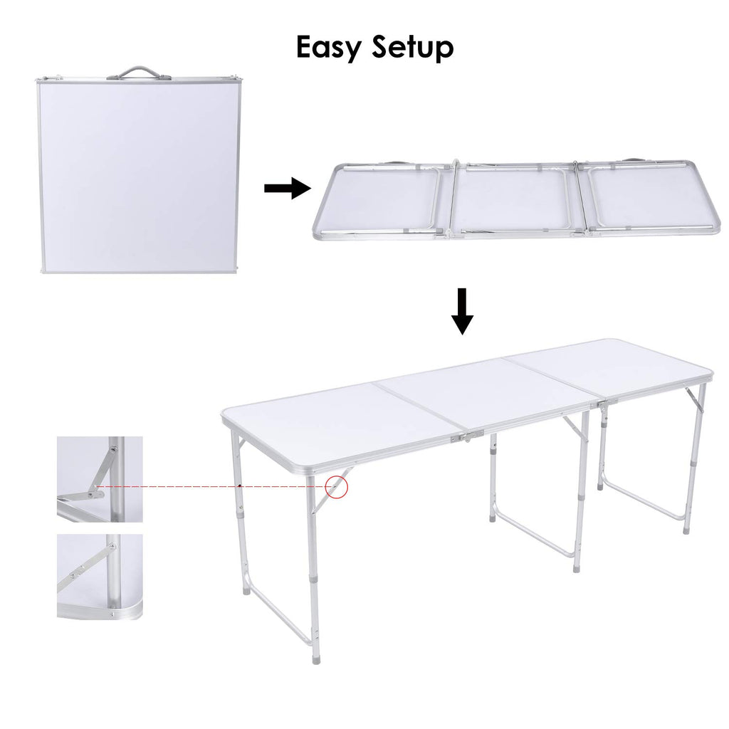 Aluminum Folding Table 6 FT, Adjustable Height Picnic Table with Carry Handle, Lightweight Foldable Camping Desk for Picnic, BBQ, Party, Patio, Beach, Indoor & Outdoor Use, White V7226
