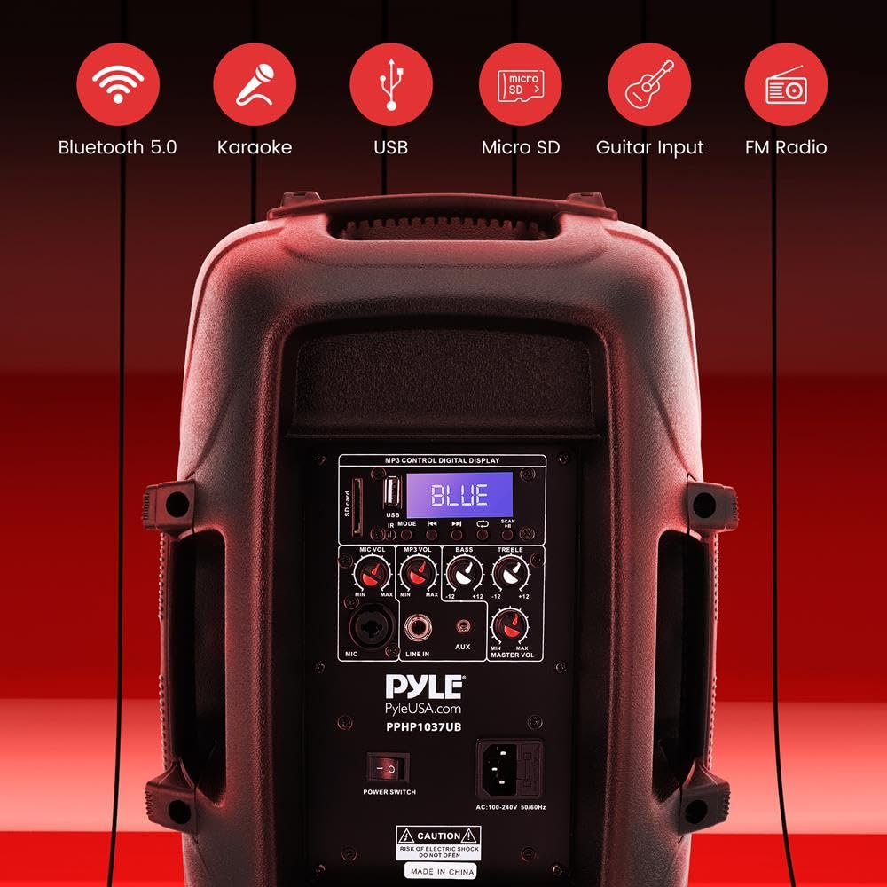1000W Bluetooth PA System Speakers with 10 Inch Subwoofer and USB, Black Q86840