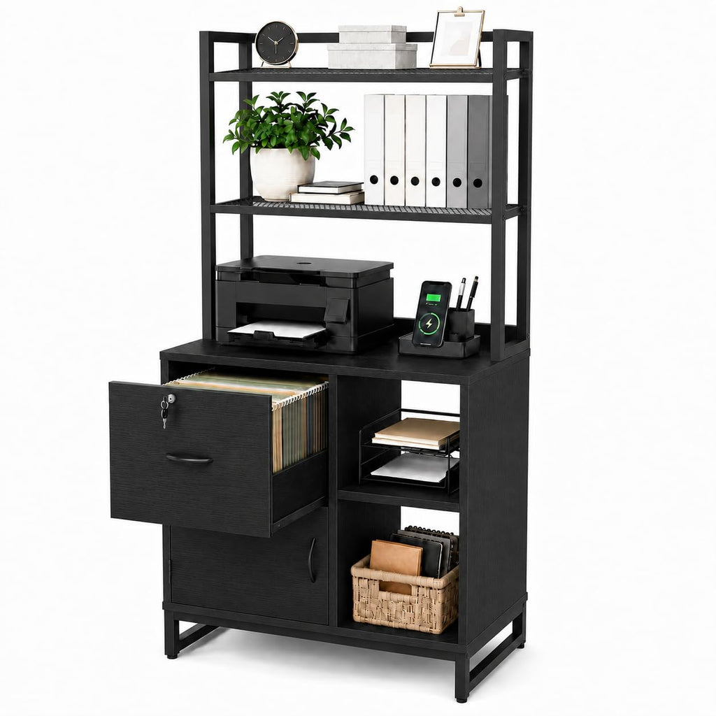 Black Vertical Filing Cabinet with Bookshelf J225