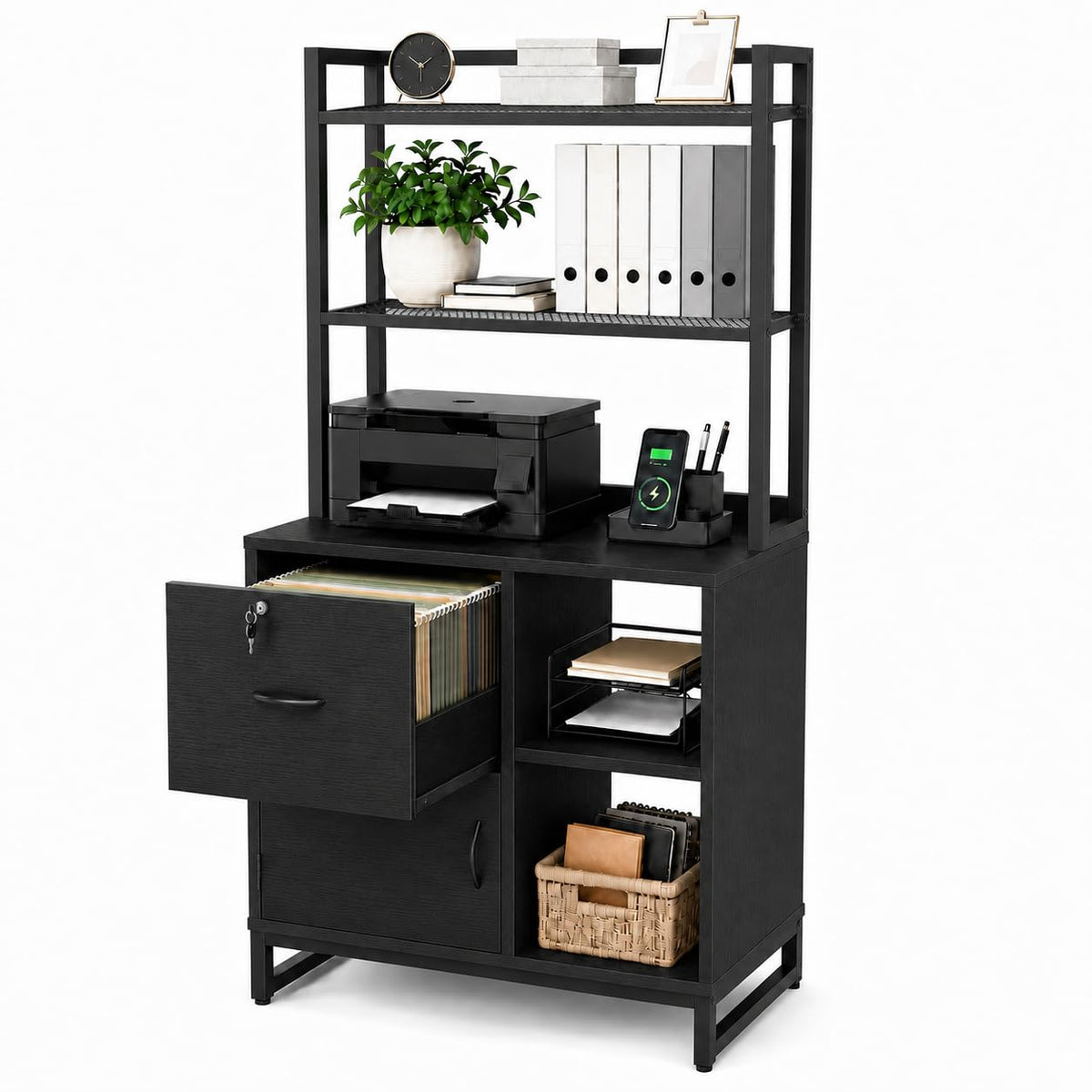 Black Vertical Filing Cabinet with Bookshelf J225