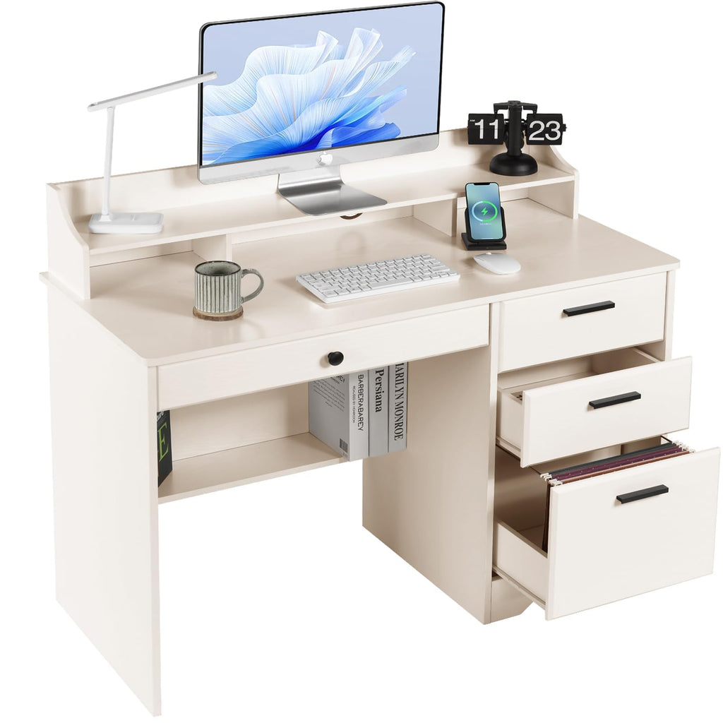 Warm White Wood Computer Desk with Drawers and Hutch C7582