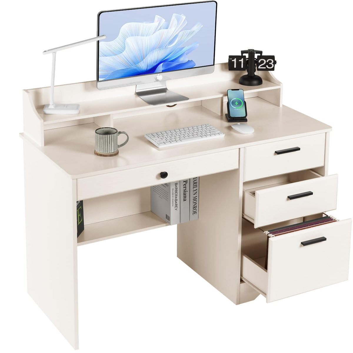 Warm White Wood Computer Desk with Drawers and Hutch C7582