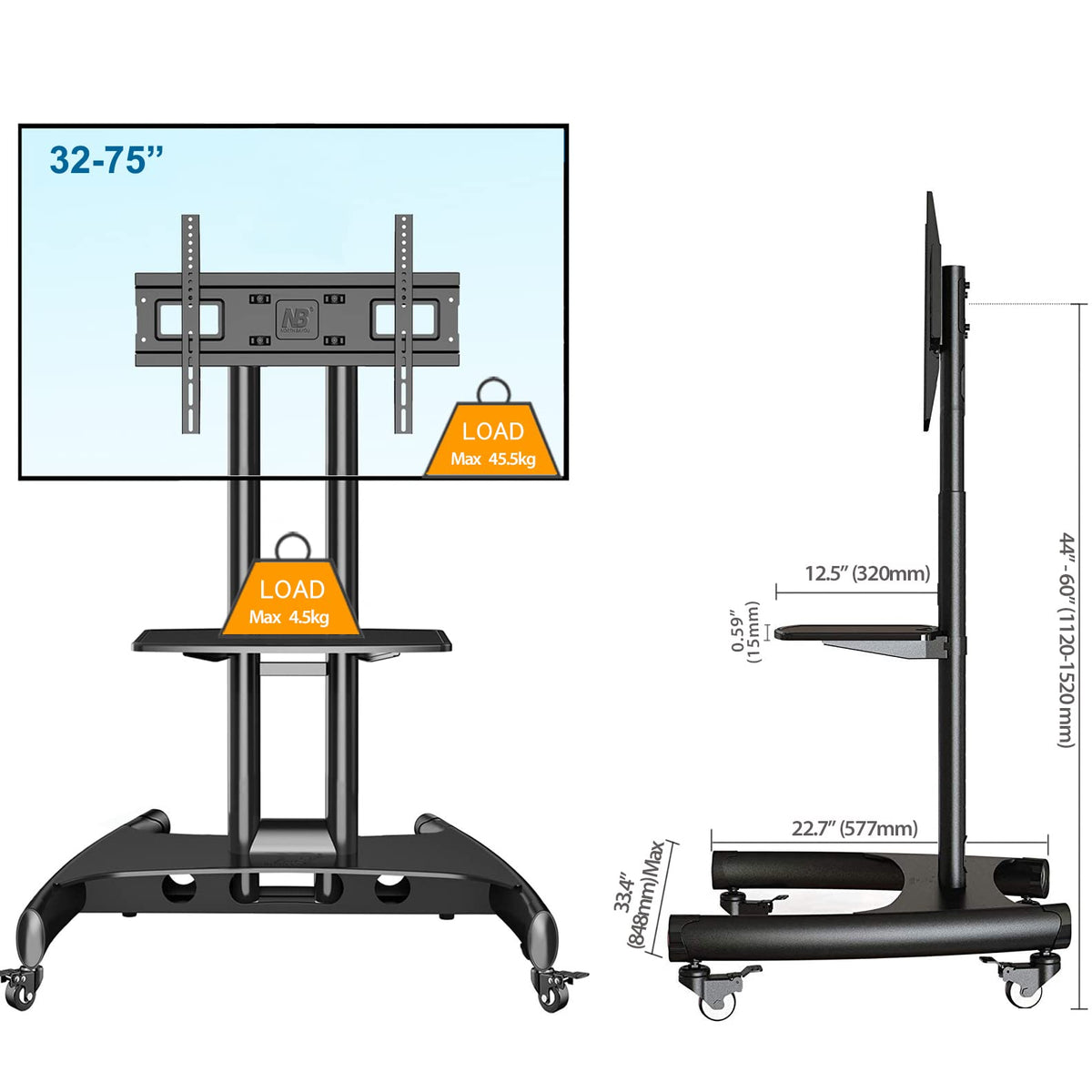 Rolling TV Stand with Wheels for 32 to 75 Inch Flat Panel Screens Q891385