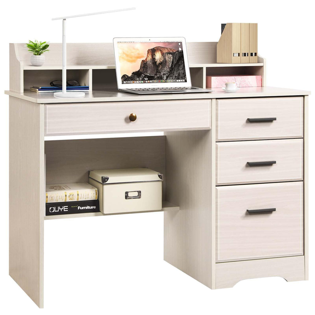 Warm White Wood Computer Desk with Drawers and Hutch C7582
