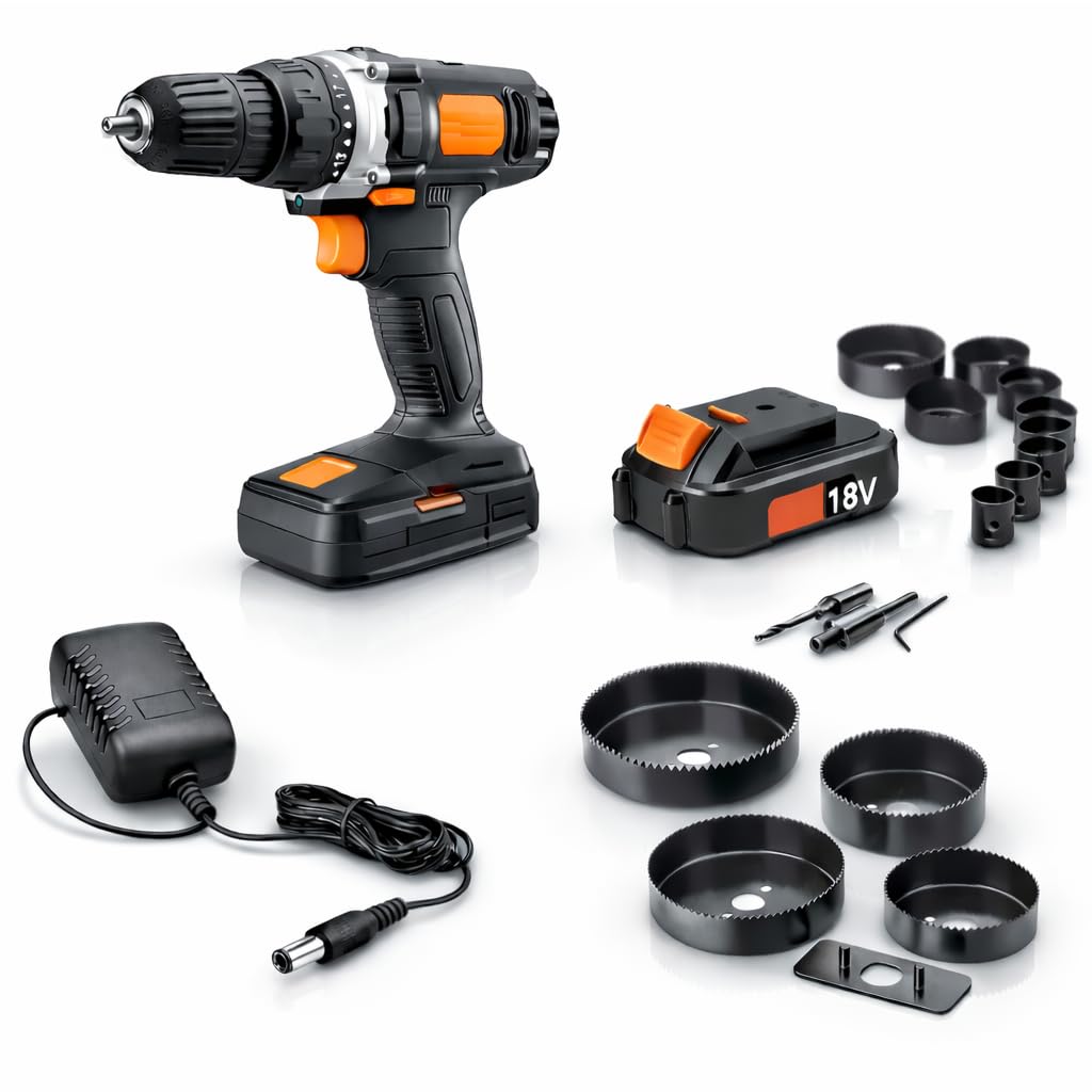 18V Cordless 3/8 in. Drill Driver & Hole Saw Kit with Battery and Charger N6556