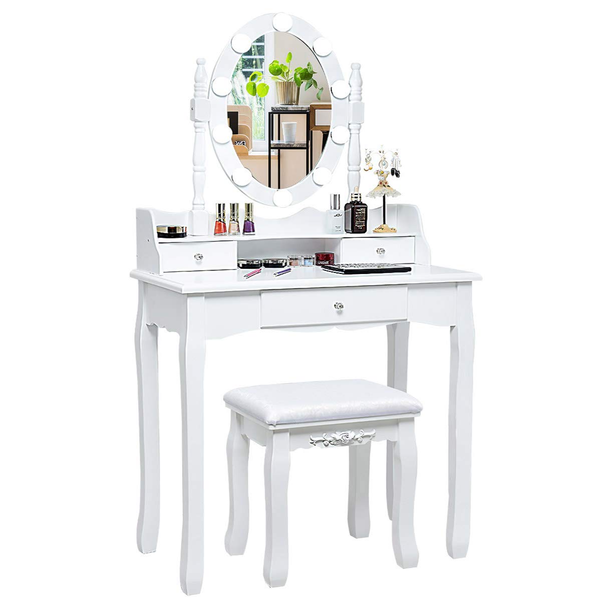 White Makeup Vanity Desk with Lighted Mirror and Stool O6534