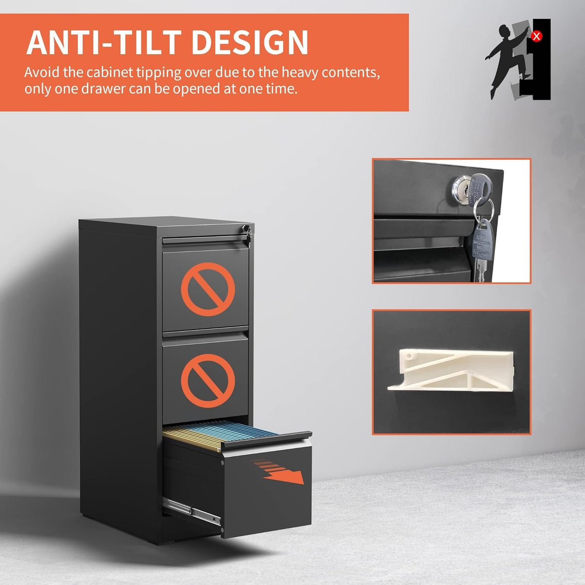 Black 3 Drawer Metal File Cabinet Q349