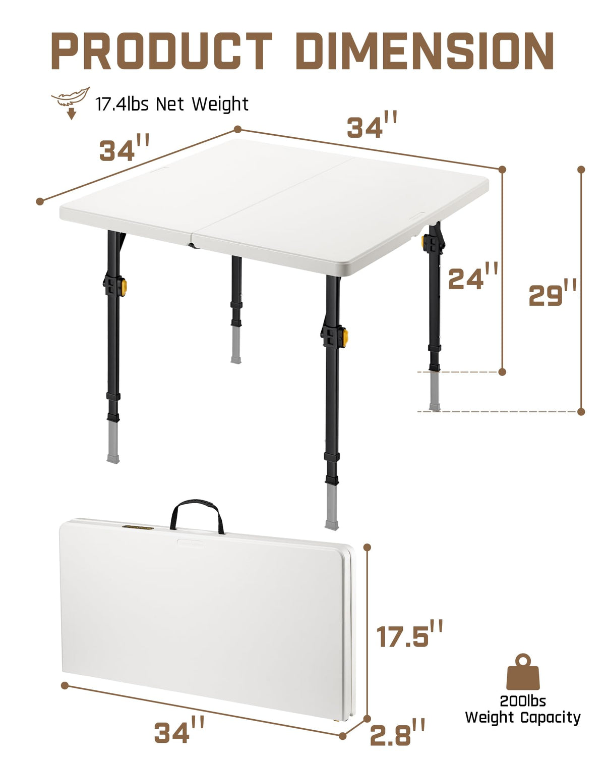 Folding Card Table 2 Heights 34" Square Plastic D877090