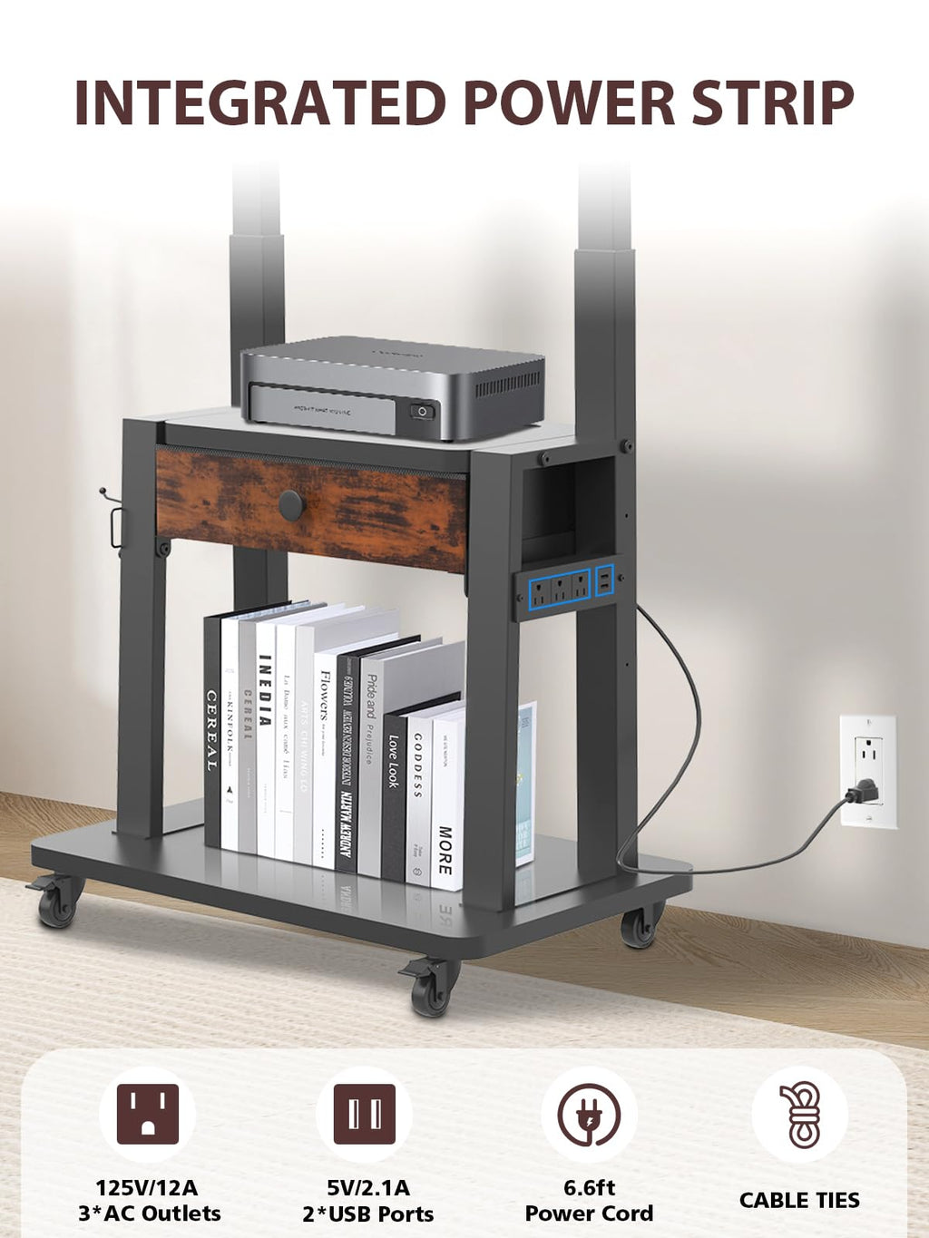 Black Rolling TV Stand with Power Outlet for 32-75 Inch Screens S407427