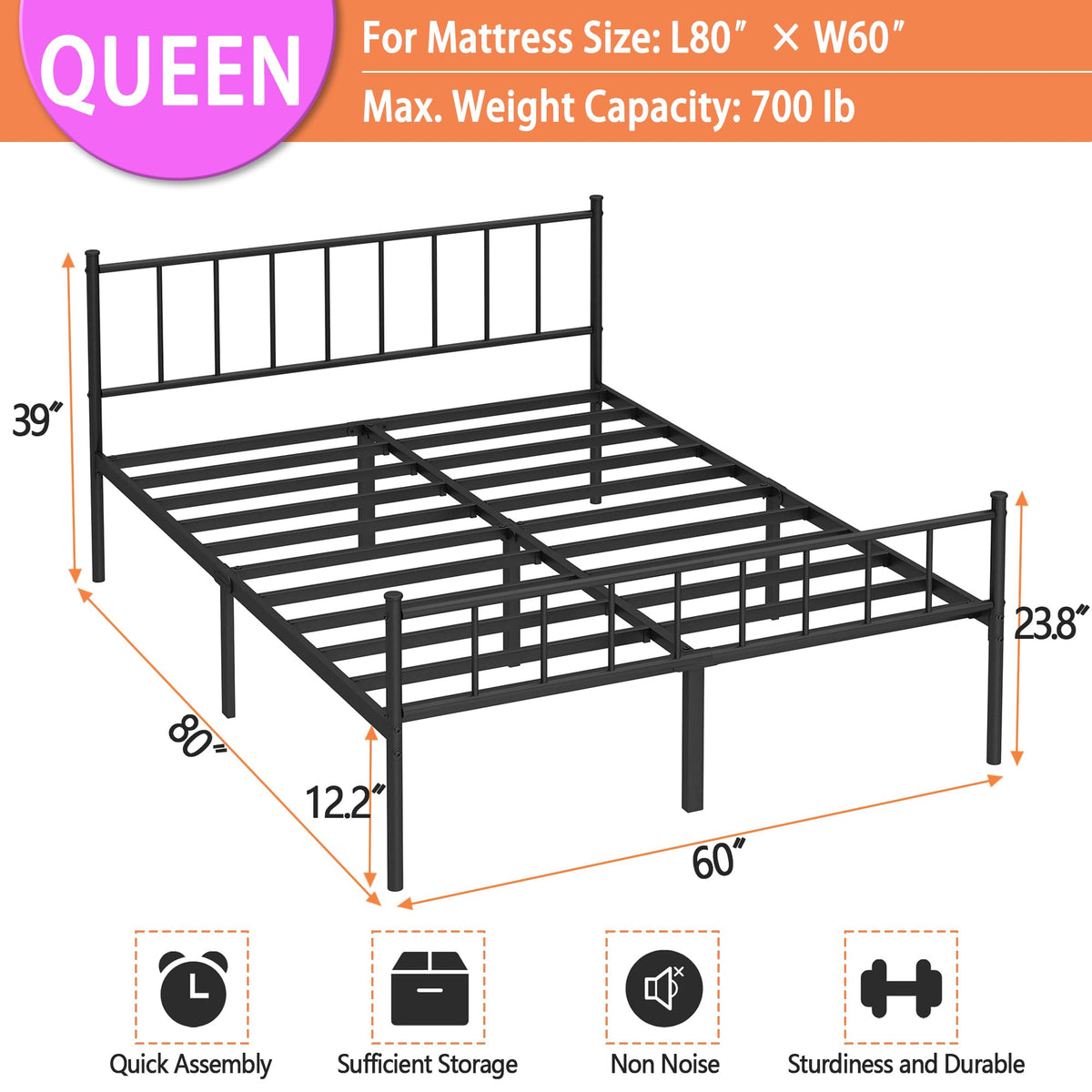 Queen Metal Bed Frame with Steel Slat Support M203820