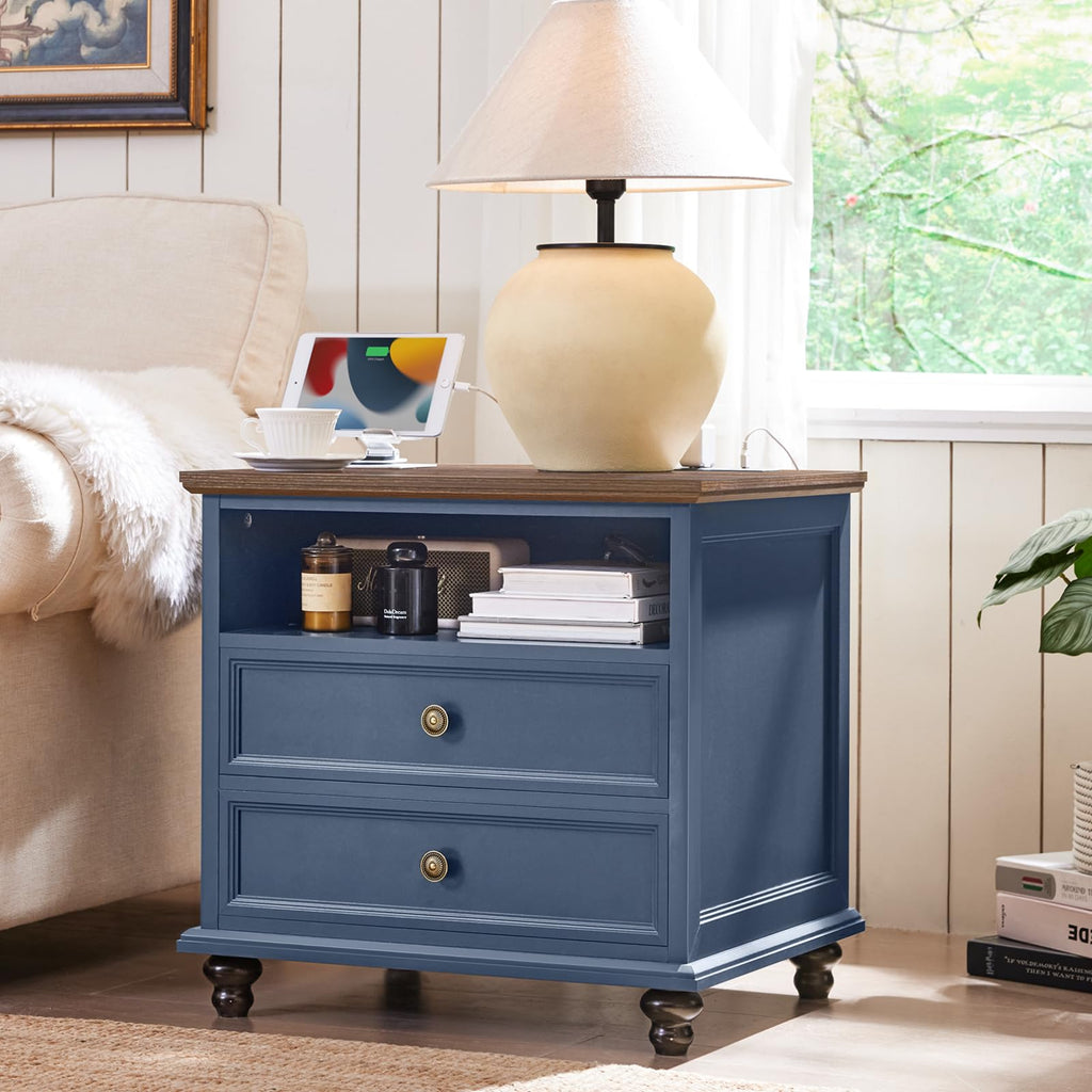 Blue 2 Drawer Nightstand Set of 2 with Charging Station Z567318