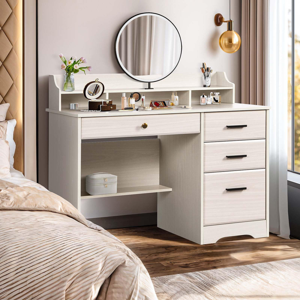 Warm White Wood Computer Desk with Drawers and Hutch C7582