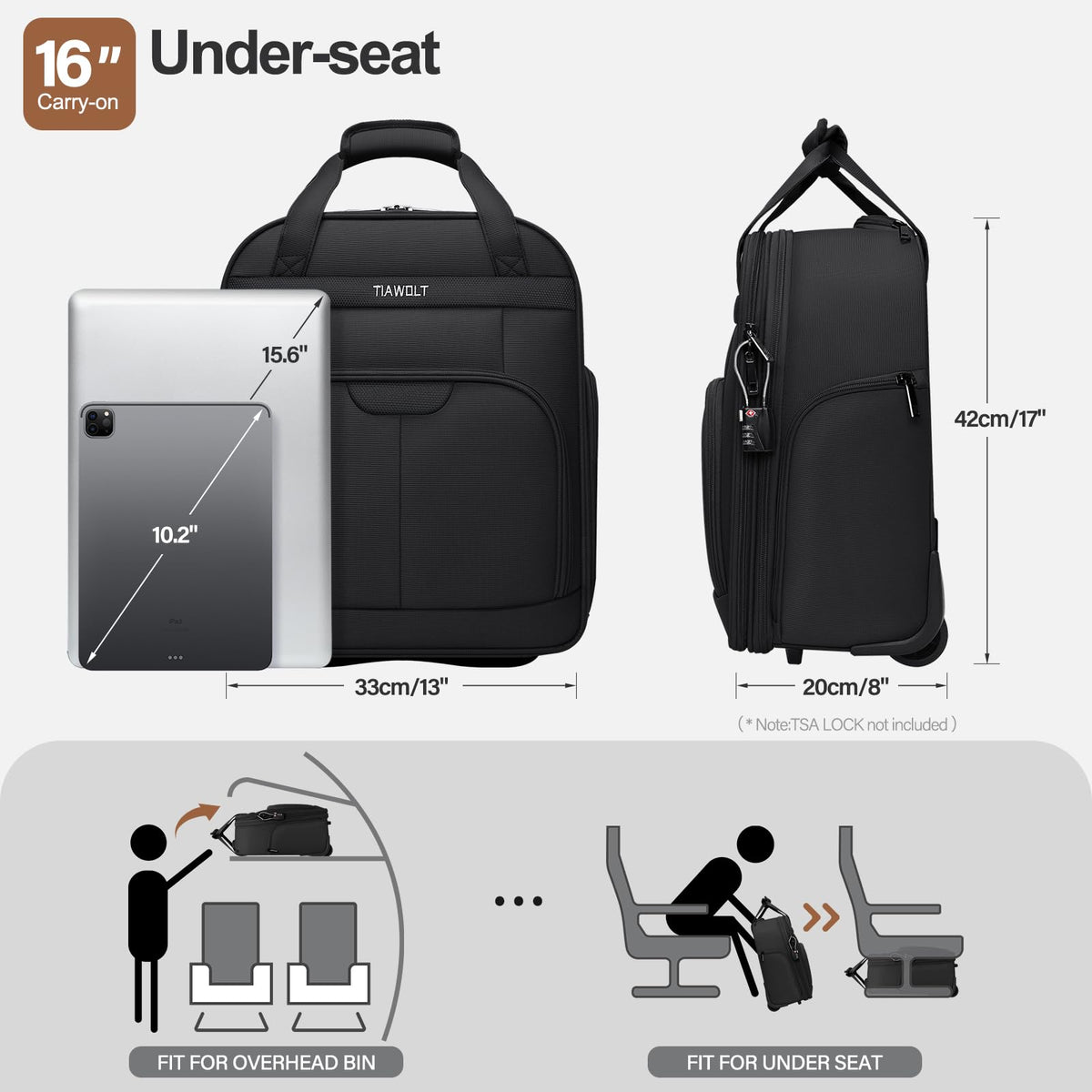 16-Inch Underseat Carry on Luggage with Wheels Black T3585