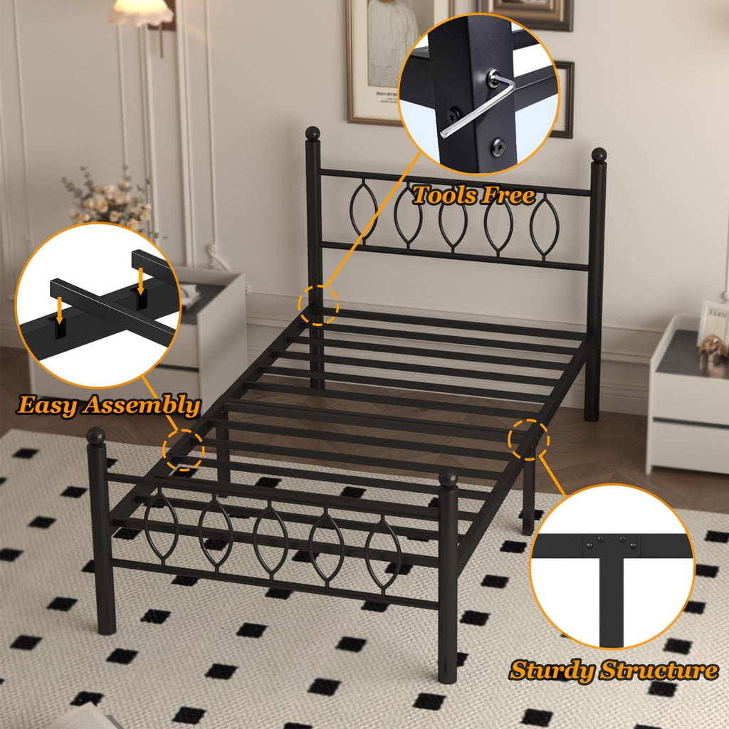 Black 14 Inch Metal Platform Twin Bed Frame with Headboard B2174