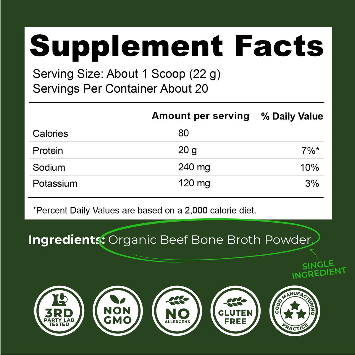 Organic Grass Fed Beef Bone Broth Protein Powder 16oz D645