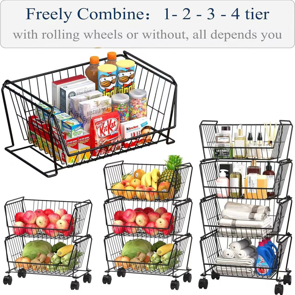 4-Tier Stackable Wire Storage Baskets with Wheels W985
