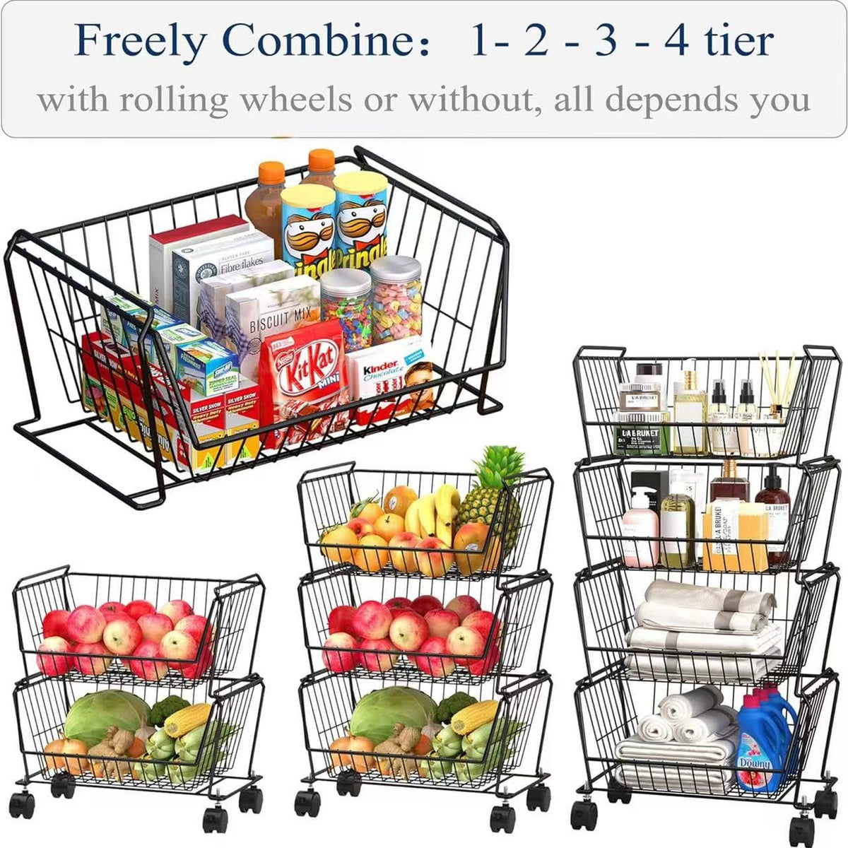 4-Tier Stackable Wire Storage Baskets with Wheels W985